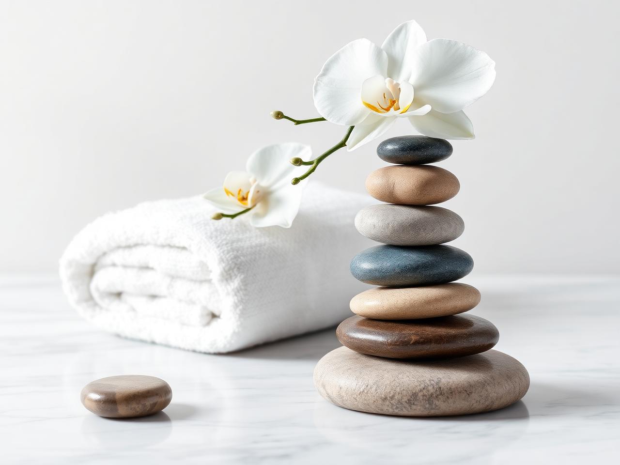Stacked spa stones, white orchid and a folded towel on light marble