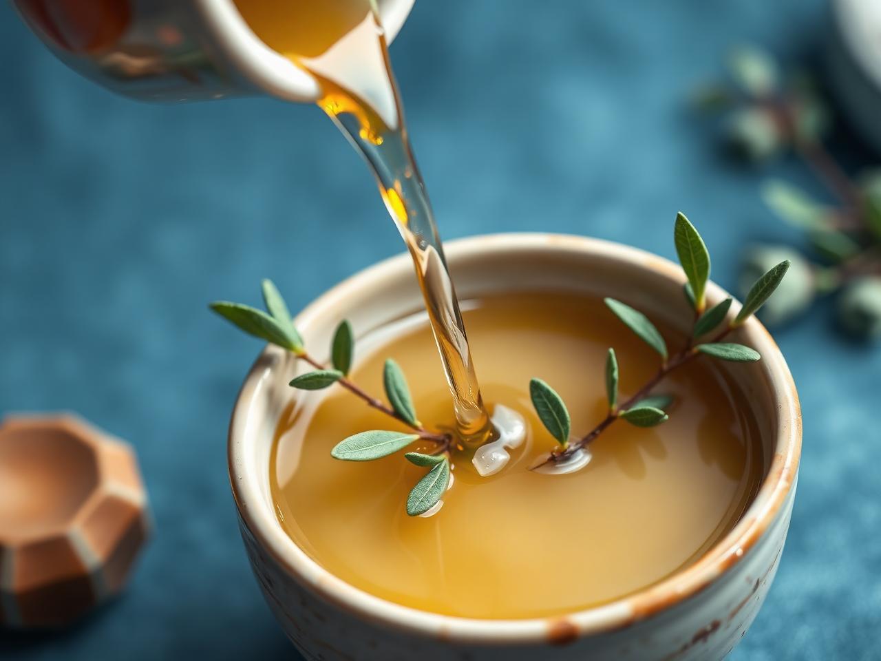 Warm massage oil being poured into a ceramic bowl with eucalyptus